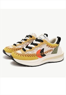 Embroider sneakers double laces leaves patch shoes in yellow