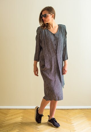 VINTAGE 80S BLACK AND WHITE DOTTED MIDI DRESS
