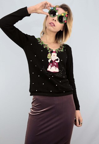 VINTAGE 80S 90S NOVELTY CHRISTMAS JUMPER BLACK