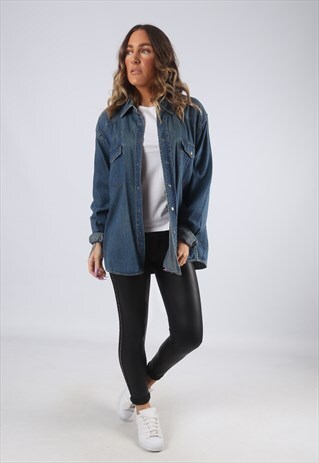 DENIM SHIRT OVERSIZED PLAIN LONG VINTAGE UK 16 (DK2E)
