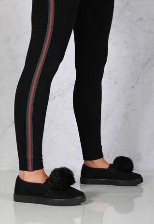 SKATER PUMP WITH LARGE POM POM IN BLACK SUEDE