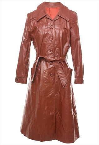 VINTAGE SINGLE BREASTED CLASSIC BROWN LEATHER TRENCH COAT -