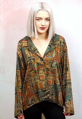 1980S VINTAGE BURNT ORANGE AND GREEN PATTERN BUTTON UP SHIRT