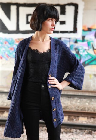 PLAIN BLUE COLOR KNITTED LONG CARDIGAN WITH FRONT POCKETS