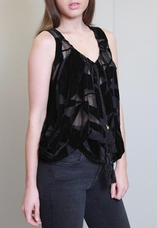 VINTAGE 1970'S BLACK VELVET TASSLED SHEER BLOUSE