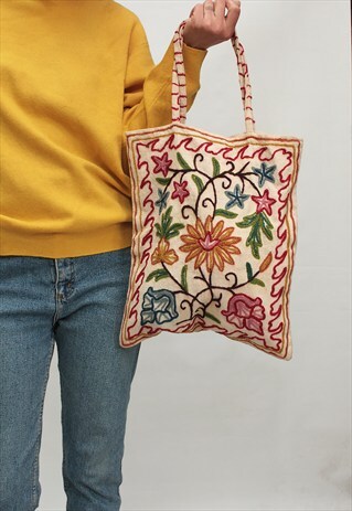 VINTAGE 70' AMAZING CUTE BEIGE FLOWER TOTE BAG