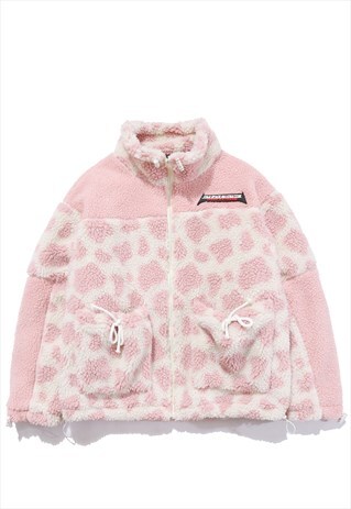 Cow print fleece jacket animal fake fur bomber coat in pink | Now ...