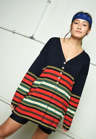VINTAGE 80'S RETRO STRIPED PATTERN KNIT MULTICOLOR CARDIGAN