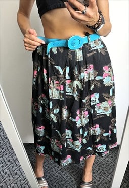 80s Printed Belted Full Skirt 
