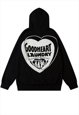 Heart fleece hoodie patch pullover retro raver top in black