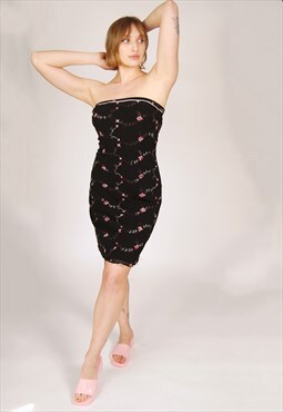 Vintage Bandeau Dress (L) black 90s fairy embroidered floral