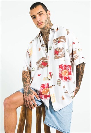 VINTAGE 80S CRAZY PATTERN FESTIVAL SHORT SLEEVE SHIRT /S5084