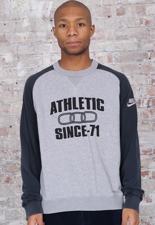 VINTAGE NIKE ATHLETIC SPELLOUT SWEATSHIRT GREY AND NAVY