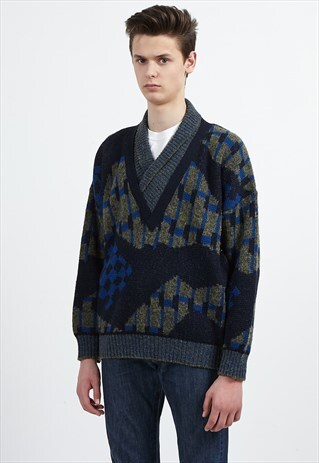 VINTAGE GREEN BLUE HUGO BOSS V-NECK KNIT JUMPER SWEATER