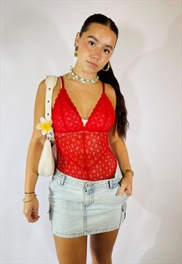 Y2K Lace Size S Bodysuit Top in Red