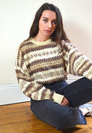 80S VINTAGE CREAM & BROWN SOFT PATTERN KNIT JUMPER