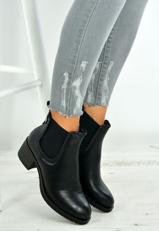 BLACK CHELSEA LOW HEEL ANKLE BOOTS SHOES