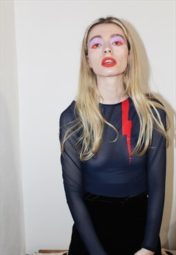 Navy Blue mesh cropped top with Red Lightning bolt motif