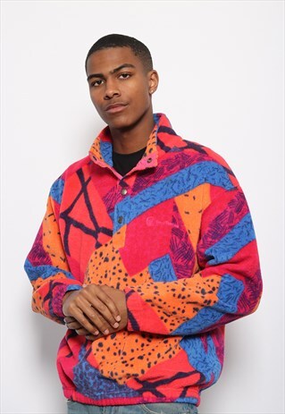 VINTAGE SERGIO TACCHINI PATTERN BUTTON UP FLEECE RED ORANGE