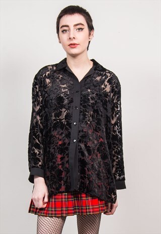 VINTAGE 90'S BLACK VELVET SHEER FLORAL PATTERN SHIRT