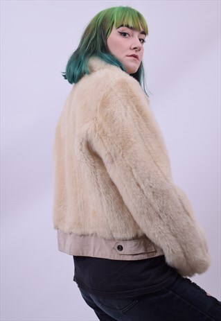 VINTAGE 90'S BLONDE FAUX FUR CROPPED JACKET SIZE 8 10 12