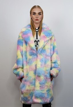 Faux fur long unicorn coat rainbow trench pastel rave bomber