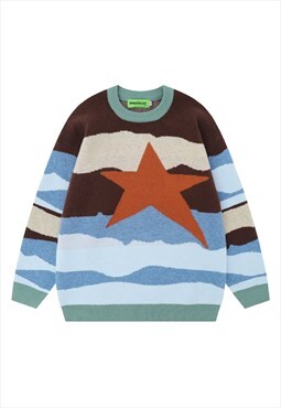 Landscape print sweater fluffy star jumper retro top in blue