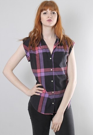VINTAGE 60S CHECK SLEEVELESS SHIRT BLOUSE TOP