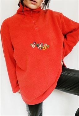 90s red embroidered fleece oversized zip collar jumper sweat