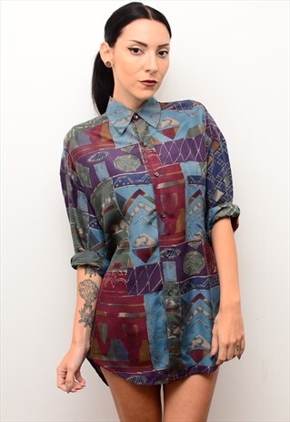 VINTAGE 90'S RETRO DARK ABSTRACT PATTERNED OVERSIZED SHIRT