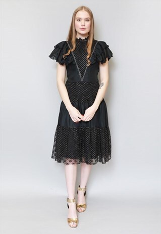 VINTAGE 1970'S BLACK METALLIC LACE SPOT RUFFLE MIDI DRESS