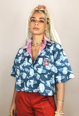 Upcycled Floral Blue Shirt With Contrast Double Collar