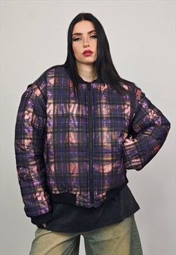 Tie-dye check varsity jacket purple tartan reversible bomber