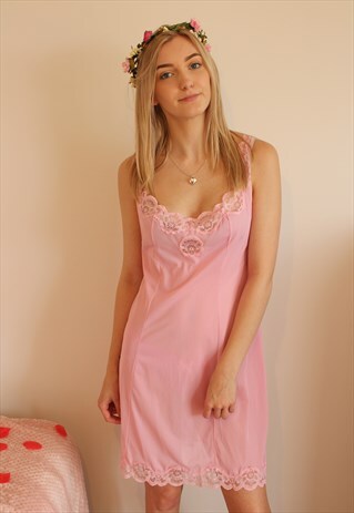 VINTAGE NIGHTDRESS PASTEL PINK FLORAL LACE BRIDAL SLIP DRESS