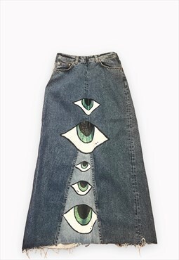 Denim maxi skirt with split hem and eye print