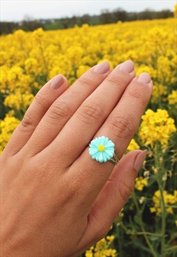 Pastel Blue Daisy Silver Adjustable Ring