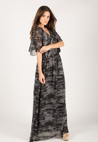 BLACK GREY MULTI PRINT WRAP CHIFFON MAXI DRESS