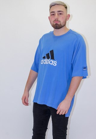 VINTAGE ADIDAS EMBROIDERED LOGO T-SHIRT IN BLUE IN XXL