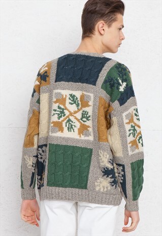 VINTAGE BEIGE GREEN YELLOW WOOL KNIT JUMPER SWEATER