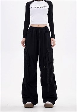 Parachute joggers cargo pocket pants rave trousers in black