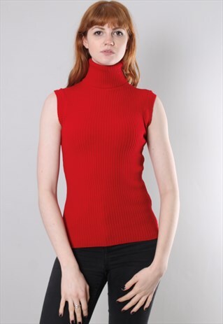 VINTAGE 90S RED RIBBED KNIT SLEEVELESS POLO TURTLE NECK TOP