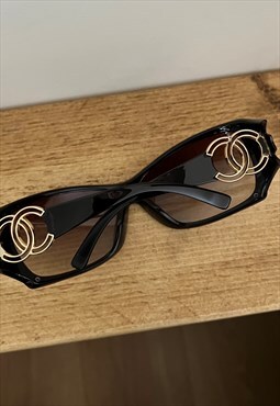 Chanel Sunglasses Oversized Shield Logo CC Brown Gold 6020