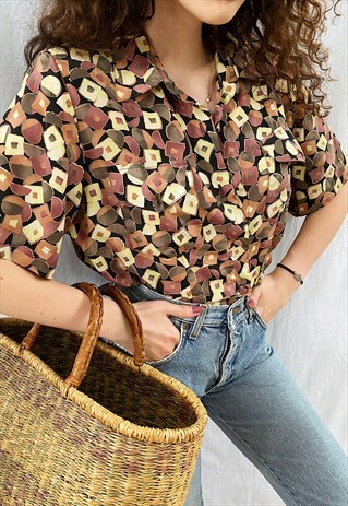 VINTAGE 80S LUXE MOD PRINT HAUTE BOHEME BLOUSE TOP BOHO