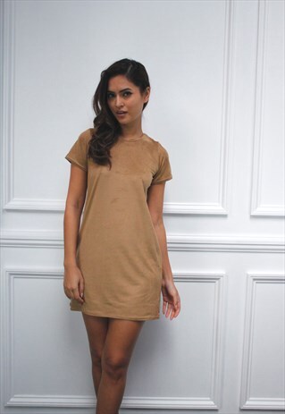 WOMENS LADIES FAUX SUEDE SHORT SLEEVE SHIFT MINI DRESS