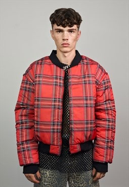 Red tartan check varsity jacket plaid reversible bomber 4in1