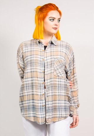 VINTAGE 90'S CREAM CHECKED OVERSIZED FLANNEL SHIRT