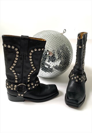 VINTAGE STUDDED COWBOY BIKER WESTERN FLAT LEATHER BOOTS