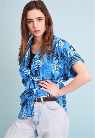 90'S RETRO HAWAII PRINT OVERSIZED SHIRT BLOUSE TOP