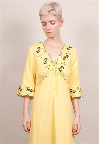 VINTAGE 70'S YELLOW COTTON MAXI SUN DRESS