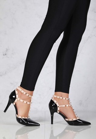 MID HEEL ROCK STUD SLING BACK IN BLACK PATENT